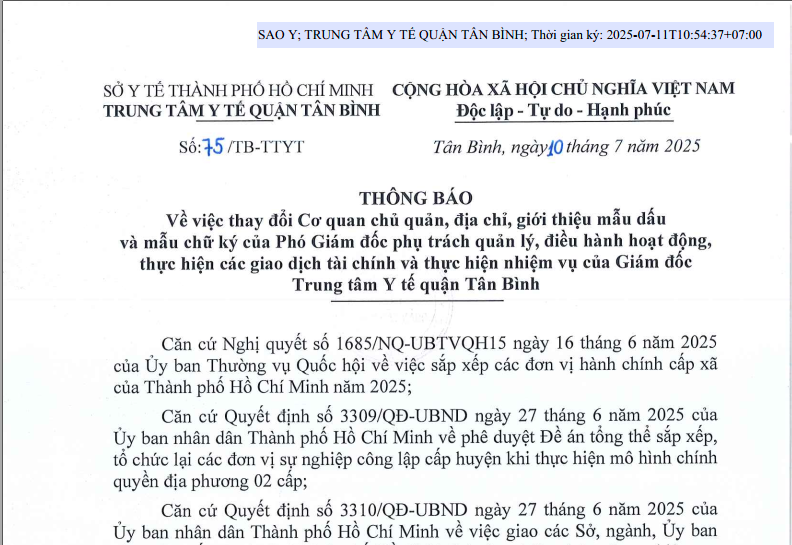 Thông báo số 75/TB-TTYT ngày 10/7/2025 của Trung tâm Y tế quận Tân Bình về việc thay đổi Cơ quan chủ quản, địa chỉ của TTYT quận Tân Bình