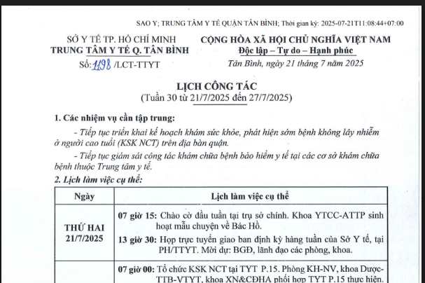 Lịch công tác tuần 30 (từ 21/7/2025 đến 27/7/2025)