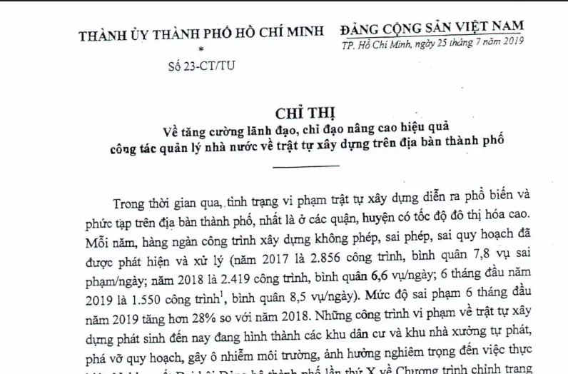 Chỉ Thị số 23-CT/TU ngày 25/7/2019 của Thành ủy TP. HCM về tăng cường lãnh đạo, chỉ đạo nâng cao hiệu quả công tác quản lý nhà nước về trật tự xây dựng trên địa bàn thành phố