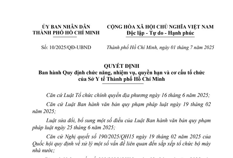 Quyết định số 10/2025/UBND ngày 01/7/2025 của UBND TP.HCM về ban hành Quy định chức năng, nhiệm vụ, quyền hạn và cơ cấu tổ chức của Sở Y tế TP.HCM