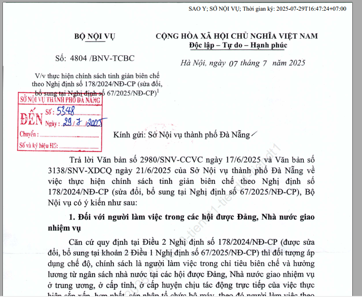 Công văn số 4804/BNV-TCBC, ngày 07/7/2025 của Bộ Nội vụ v/v thực hiện chính sách tinh giản biên chế theo Nghị định số 178/2024/NĐ-CP (sửa đổi, bổ sung tại Nghị định số 67/2025/NĐ-CP)