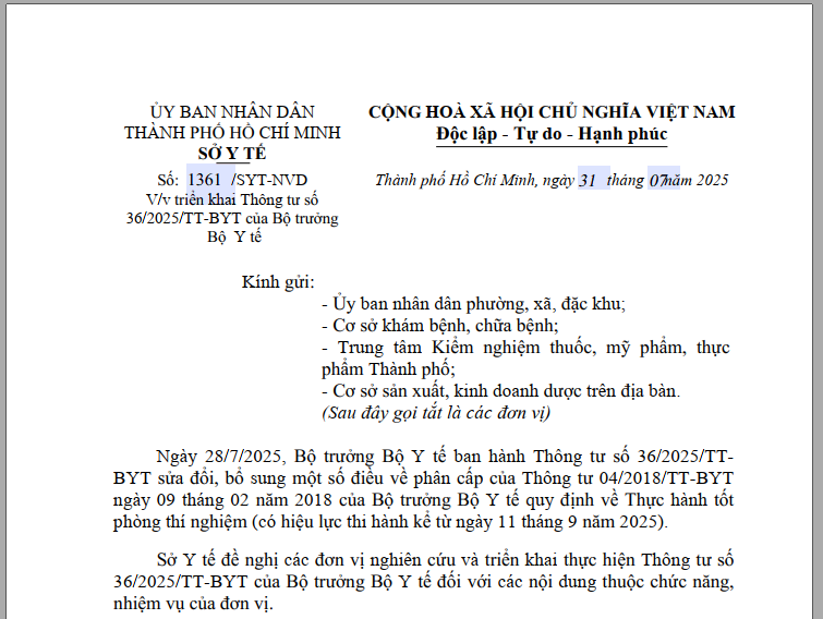 Công văn số 1361/SYT-NVD, ngày 31/7/2025 của Sở Y tế  v/v triển khai Thông tư số 36/2025/TT-BYT của Bộ trưởng Bộ Y tế