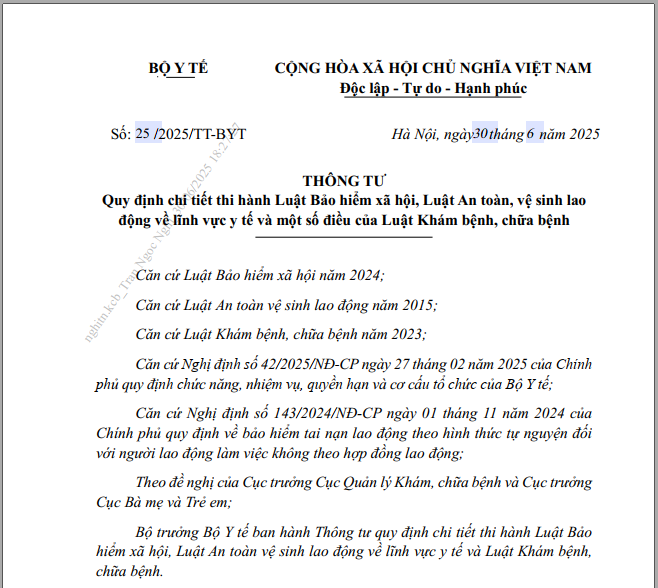 Thông tư số 25/2025/TT-BYT ngày 30/6/2025 của Bộ Y tế về Quy định chi tiết thi hành Luật Bảo hiểm xã hội, Luật an toàn, vệ sinh lao động về lĩnh vực y tế và một số điều của Luật Khám bệnh, chữa bệnh