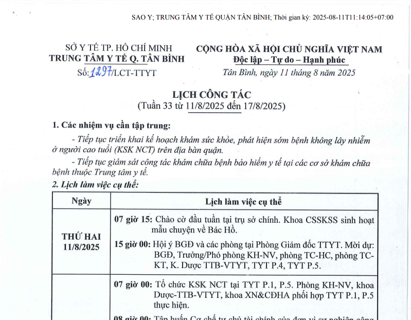 Lịch công tác tuần 33 (từ 11/8/2025 đến 17/8/2025)