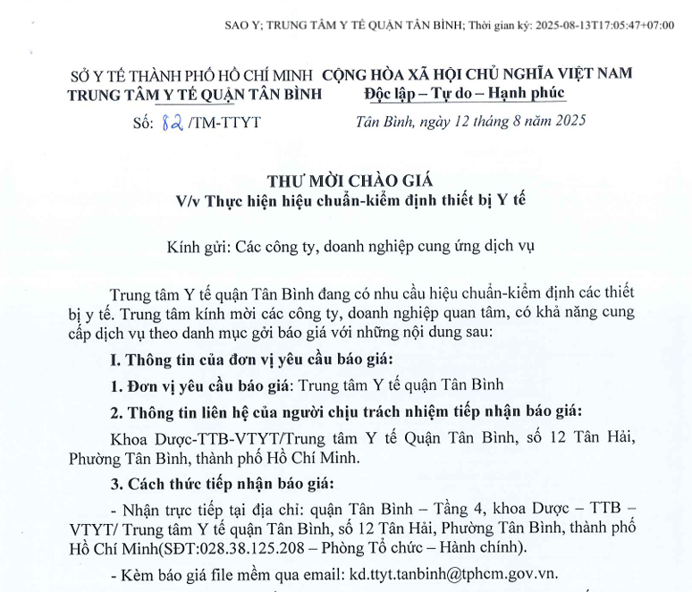 Số 82/TM-TTYT ngày 12/8/2025 Thư mời chào giá về việc thực hiện hiệu chuẩn - kiểm định thiết bị Y tế