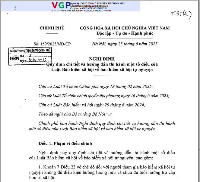 Nghị định số 159/2025/NĐ-CP, ngày 25/6/2025 của Chính phủ: Quy định chi tiết và hướng dẫn thi hành một số điều của Luật Bảo hiểm xã hội về bảo hiểm xã hội tự nguyện