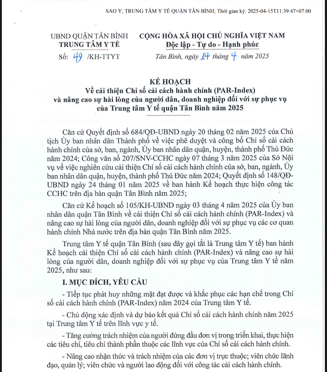 Kế hoạch về việc cải thiện Chỉ số cải cách hành chính (PAR-Index) và nâng cao sự hài lòng của người dân, doanh nghiệp đối với sự phục vụ của Trung tâm Y tế quận Tân Bình năm 2025