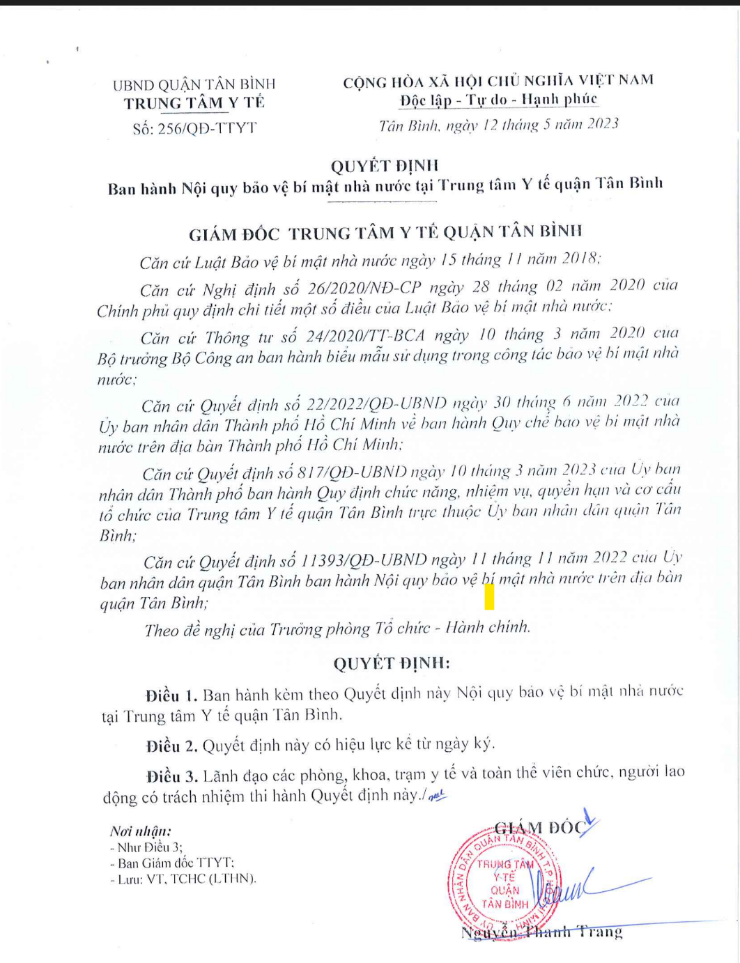 Quyết định số 256/QĐ-TTYT ngày 12/5/2025 của Trung tâm Y tế ban hành Nội quy bảo vệ bí mật nhà nước tại Trung tâm Y tế quận Tân Bình