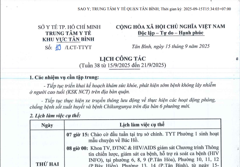 Lịch công tác tuần 38 (từ 15/9/2025 đến 21/9/2025)