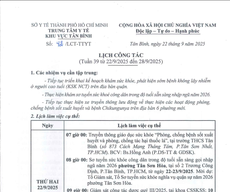 Lịch công tác tuần 39 (từ 22/9/2025 đến 28/9/2025)