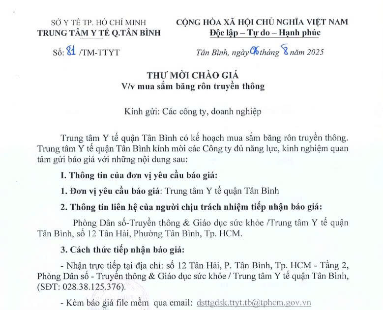 Thư mời chào giá số 81/TM-TTYT ngày 06/8/2025 của Trung tâm Y tế quận Tân Bình về việc mua sắm băng rôn truyền thông