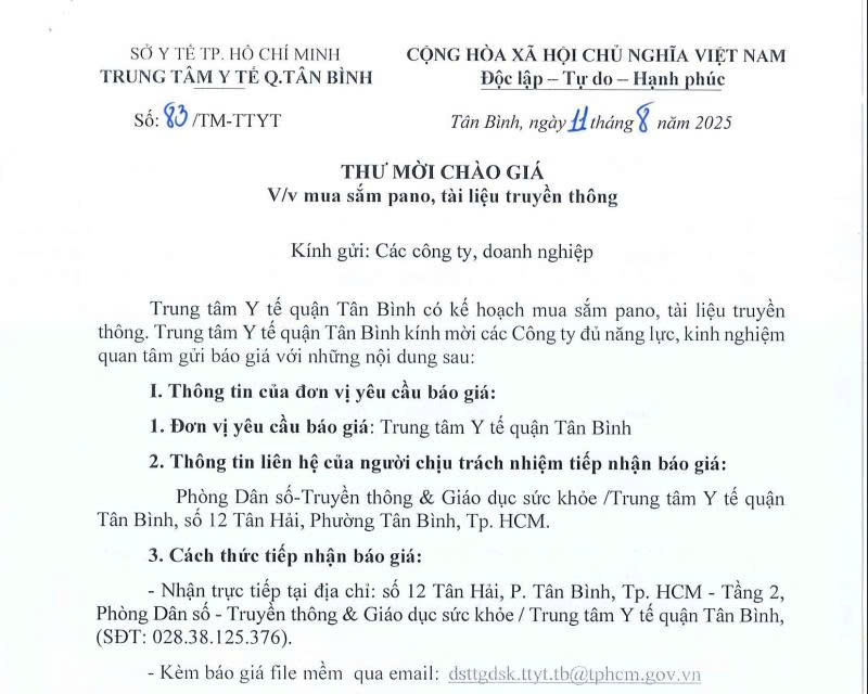Thư mời chào giá số 83/TM-TTYT ngày 11/8/2025 của Trung tâm Y tế quận Tân Bình về việc mua sắm pano, tài liệu truyền thông