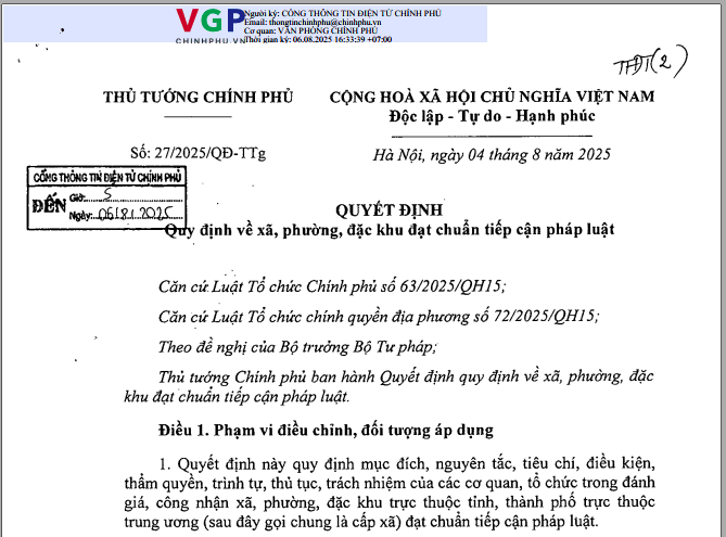 Quyết định số 27/2025/QĐ-TTg ngày 04 tháng 8 năm 2025 của Thủ tướng Chính phủ quy định về xã, phường, đặc khu đạt chuẩn tiếp cận pháp luật