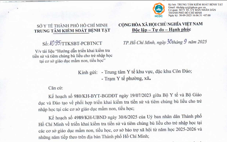 Công văn số 1095/TTKSBT-PCBTNCT ngày 30/9/2025 về việc tài liệu "Hướng dẫn triển khai kiểm tra tiền sử và tiêm chủng bù liều cho trẻ nhập học tại cơ sở giáo dục mầm non, tiểu học"