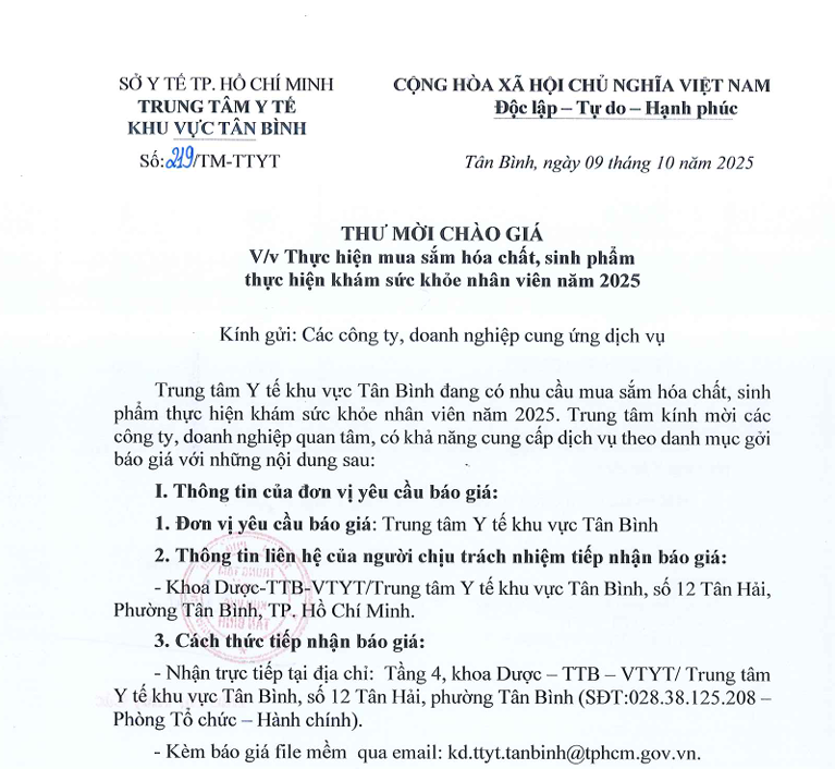 Số 219/TM-TTYT ngày 09/10/2025 Thư mời chào giá về việc mua sắm hóa chất, sinh phẩm thực hiện khám sức khỏe nhân viên năm 2025