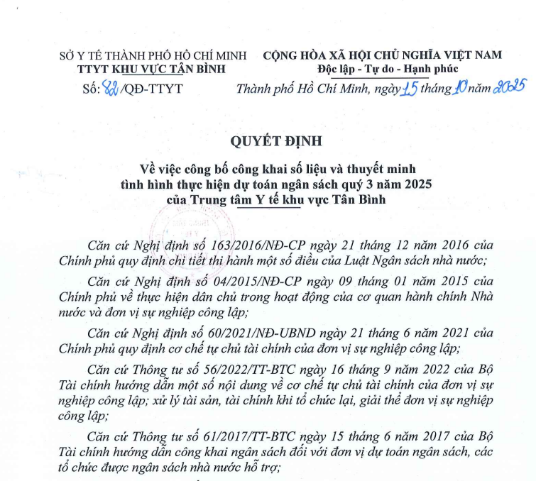 Số 82/QĐ-TTYT ngày 15/10/2025 Quyết định về việc công bố công khai số liệu và thuyết minh tình hình thực hiện dự toán ngân sách quý 3 năm 2025 của Trung tâm Y tế khu vực Tân Bình