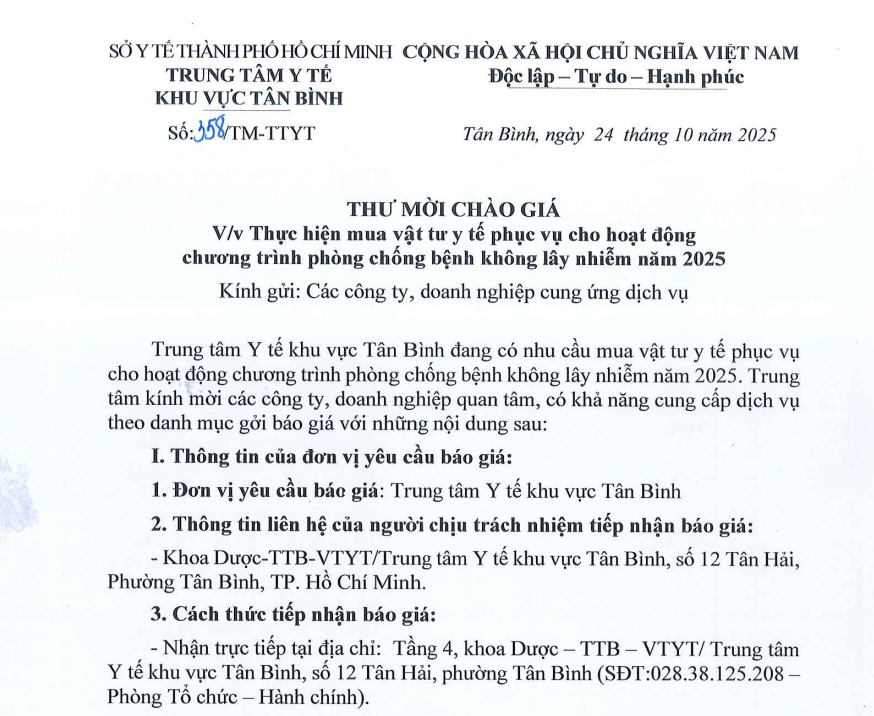 Số 358/TM-TTYT ngày 24/10/2025 Thư mời chào giá về việc thực hiện mua vật tư y tế phục vụ cho hoạt động chương trình phòng chống bệnh không lây nhiễm năm 2025