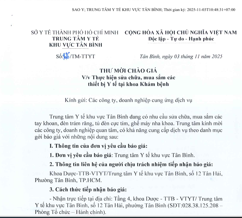 Số 426/TM-TTYT ngày 03/11/2025 Thư mời chào giá về việc Thực hiện sửa chữa, mua sắm các thiết bị Y tế tại khoa Khám bệnh