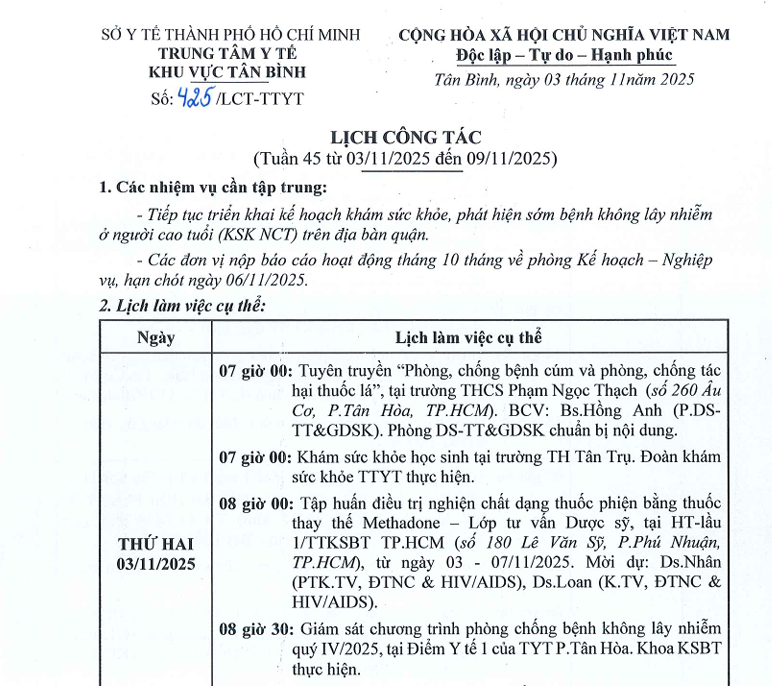 Lịch công tác tuần 45 (từ 03/11/2025 đến 09/11/2025)