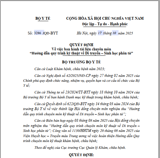 Quyết định số 3286/QĐ-BYT ngày 17 tháng 10 năm 2025 của Bộ Y tế về việc ban hành tài liệu chuyên môn “Hướng dẫn quy trình kỹ thuật về Di truyền – Sinh học phân tử” (Tập 1)