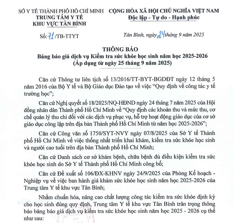 Bảng báo giá dịch vụ Kiểm tra sức khỏe học sinh năm học 2025-2026 (Áp dụng từ ngày 25 tháng 9 năm 2025)