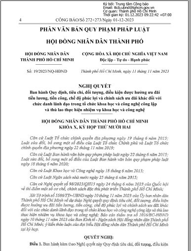 Nghị quyết số 19/2023/NQ-HĐND ngày 11 tháng 11 năm 2023 của Hội đồng nhân dân Thành phố Hồ Chí Minh về Ban hành Quy định tiêu chí, đối tượng, điều kiện được hưởng ưu đãi tiền lương, tiền công, chế độ phúc lợi và chính sách ưu đãi khác đối với các chức dan