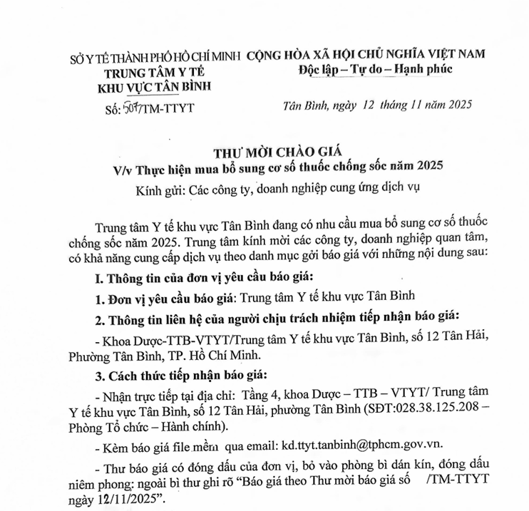 Số 507/TM-TTYT ngày 12/11/2025 Thư mời chào giá về việc thực hiện mua bổ sung cơ số thuốc chống sốc năm 2025
