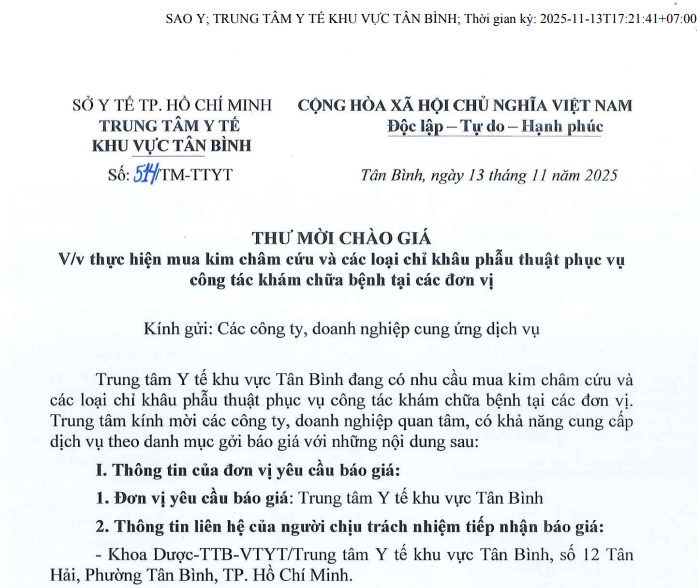 Thư mời chào giá số 514/TM-TTYT ngày 13/11/2025 của TTYT về việc thực hiện mua kim châm cứu và các loại chỉ khâu phẫu thuật phục vụ công tác khám chữa bệnh tại các đơn vị
