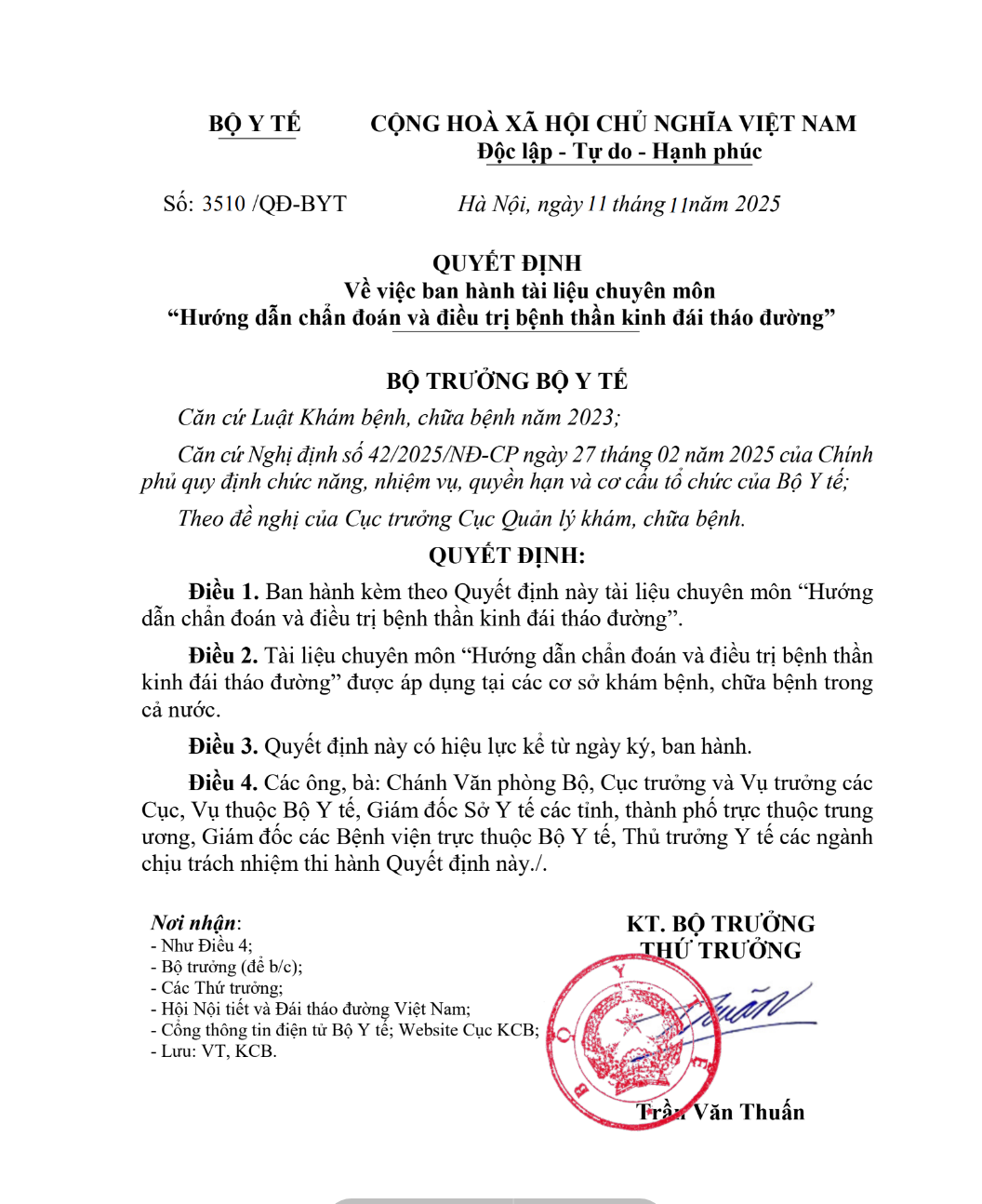 Quyết định 3510 của Bộ Y tế Về việc ban hành tài liệu chuyên môn  “Hướng dẫn chẩn đoán và điều trị bệnh thần kinh đái tháo đường”