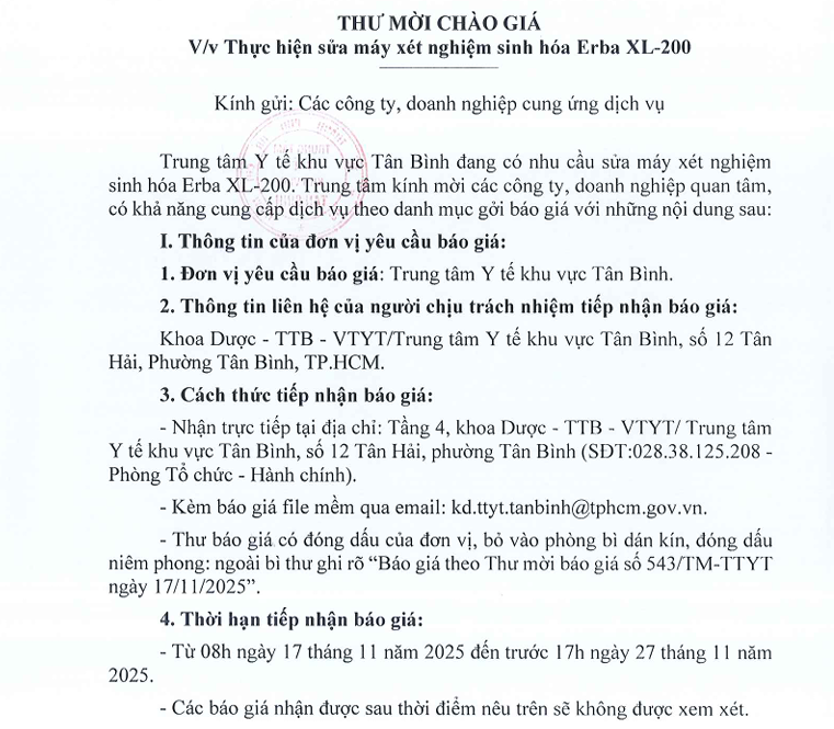 Số 543/TM-TTYT ngày 17/11/2025 Thư mời chào giá về việc thực hiện sửa máy xét nghiệm sinh hóa Erba XL-200