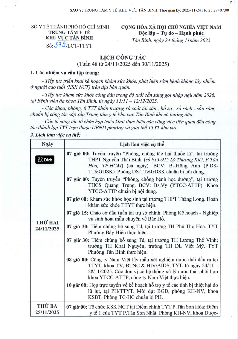 LỊCH CÔNG TÁC TUẦN (Tuần 48 từ 24/11/2025 - 30/11/2025)
