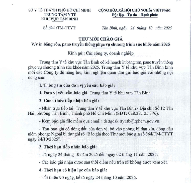 Số 364/TM-TTYT ngày 24/10/2025 Thư mời chào giá về việc in băng rôn, pano truyền thông phục vụ Chương trình sức khỏe năm 2025