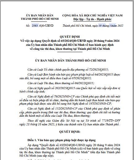 Quyết định số 2583/QĐ-UBND ngày 10/11/2025 của UBND Tp.HCM về việc áp dụng Quyết định số 65/2024/QĐ-UBND ngày 20/9/2024 của UBND Tp.HCM về ban hành quy định về công tác thi đua, khen thưởng tại Thành phố Hồ Chí Minh