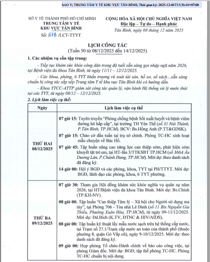 LỊCH CÔNG TÁC TUẦN 50 (Từ 08/12/2025 đến 14/12/2025)