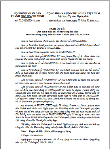 Nghị quyết số 72/2025/NQ-HĐND ngày 10 tháng 12 năm 2025 của Hội đồng nhân dân Thành phố Hồ Chí Minh về Quy định mức chi hỗ trợ cộng tác viên sức khoẻ cộng đồng trên địa bàn Thành phố Hồ Chí Minh