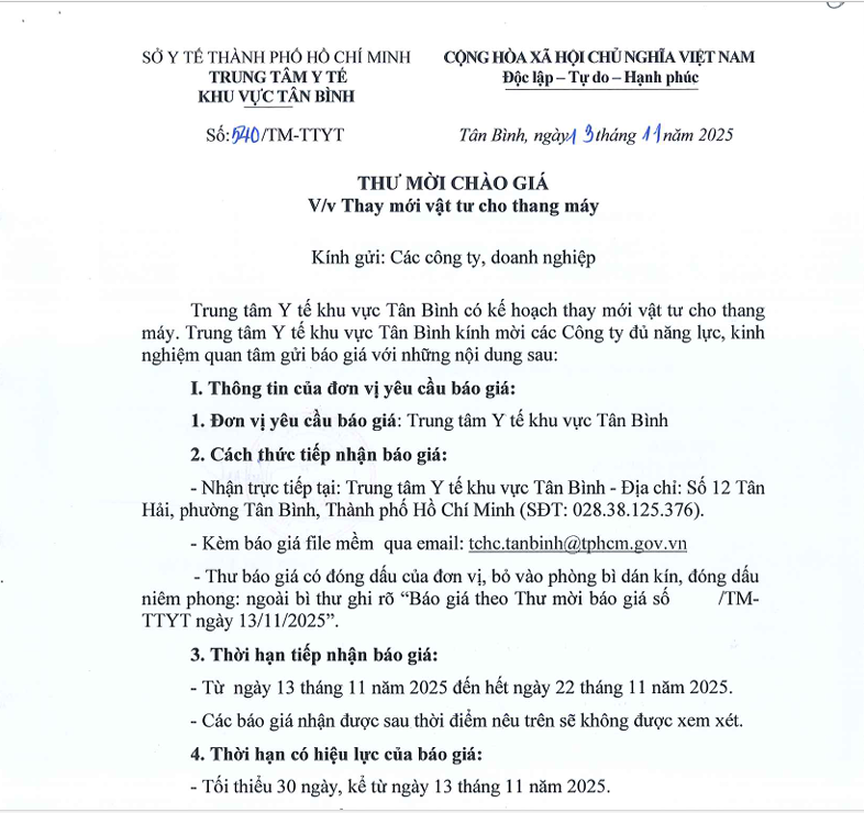 Số 540/TM-TTYT ngày 13/11/2025 Thư mời chào giá về việc thay mới vật tư cho thang máy