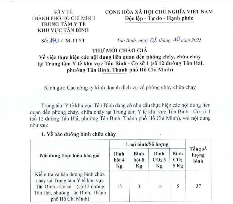 Số 140/TM-TTYT ngày 02/10/2025 Thư mời chào giá về việc thực hiện các nội dung liên quan đến phòng cháy, chữa cháy tại Trung tâm Y tế khu vực Tân Bình - Cơ sở 1 (số 12 đường Tân Hải, phường Tân Bình, Thành phố Hồ Chí Minh)