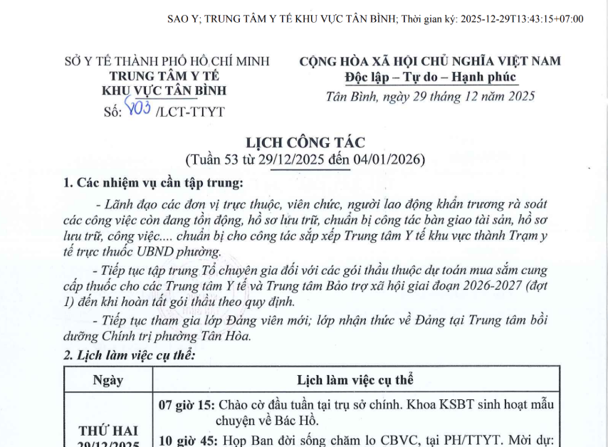Lịch công tác Tuần 53 (từ 29/12/2025 đến 04/01/2026)