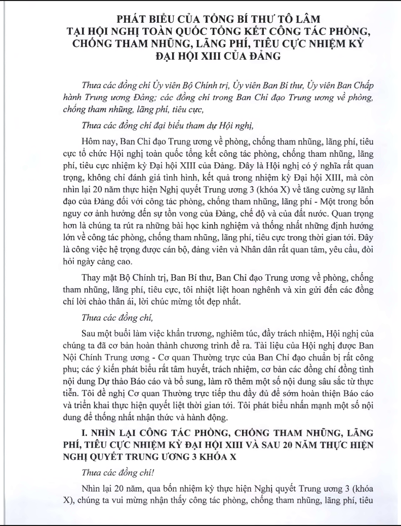 Bài phát biểu chỉ đạo của Đồng chí Tổng Bí thư Tô Lâm tại Hội nghị toàn quốc tổng kết công tác phòng, chống tham nhũng, lãng phí, tiêu cực trong nhiệm kỳ Đại hội  XIII của Đảng