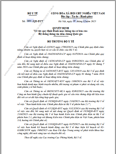 Quyết định 3891/QĐ-BYT ngày 18 tháng 12 năm 2025 của Bộ Y tế về việc Quy định Danh mục thông tin cơ bản của Hệ thống thông tin tiêm chủng Quốc Gia.