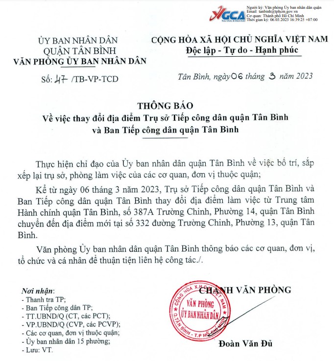 Thông báo về việc thay đổi Trụ sở tiếp công dân quận Tân Bình và Ban tiếp công dân quận Tân Bình