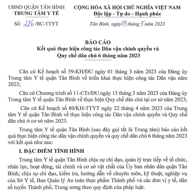 Báo cáo kết quả thực hiện công tác Dân vận chính quyền và Quy chế dân chủ 6 tháng năm 2023