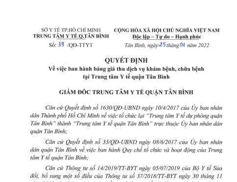 Bảng giá dịch vụ khám, chữa bệnh