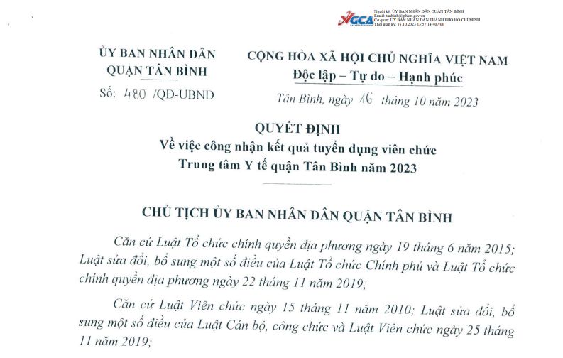 Quyết định về việc công nhận kết quả tuyển  dụng viên chức Trung tâm Y tế quận Tân Bình năm 2023