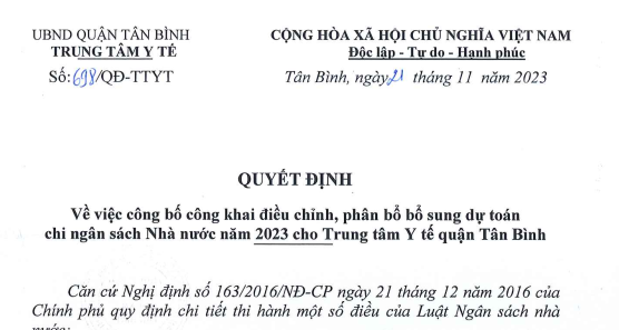 Quyết định số 698/QĐ-TTYT ngày 21/11/2023 về việc công bố công khai điều chỉnh, phân bổ bổ sung dự toán chi ngân sách Nhà nước năm 2023 cho TTYT quận Tân Bình