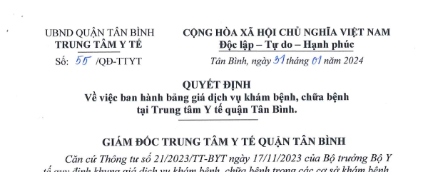 Quyết định số 55/QĐ-TTYT ngày 31/01/2024 của TTYT quận Tân Bình về việc ban hành bảng giá dịch vụ khám bệnh, chữa bệnh tại Trung tâm Y tế quận Tân Bình