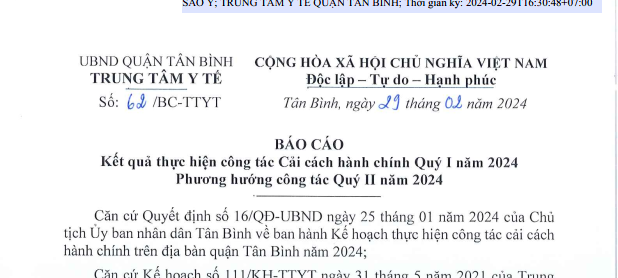 Báo cáo số 62/BC-TTYT ngày 29/02/2024 của TTYT quận Tân Bình về Kết quả thực hiện công tác Cải cách hành chính Quý I năm 2024. Phương hướng công tác Quý II năm 2024