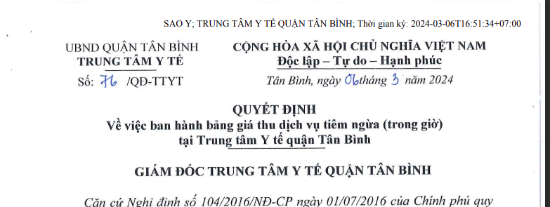 Quyết định số 76/QĐ-TTYT ngày 06/3/2024 của TTYT quận Tân Bình về việc ban hành bảng giá thu dịch vụ tiêm ngừa (trong giờ) tại TTYT