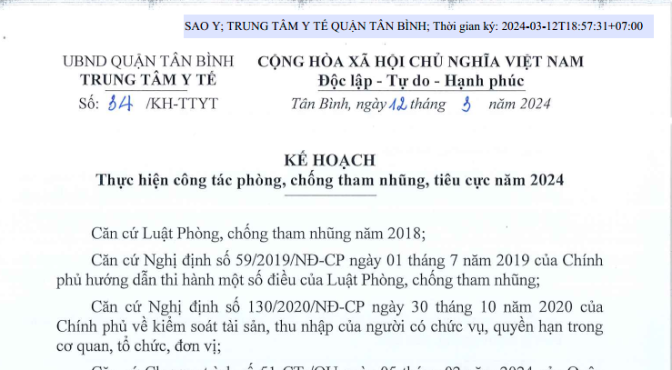 Kế hoạch số 34/KH-TTYT ngày 12/3/2024 của TTYT quận Tân Bình về việc Thực hiện công tác phòng, chống tham nhũng, tiêu cực năm 2024