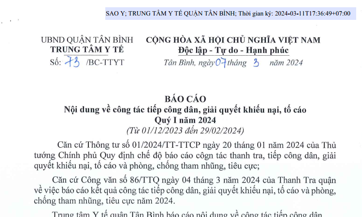 Báo cáo số 73/BC-TTYT ngày 07/3/2024 của TTYT quận Tân Bình về nội dung công tác tiếp công dân, giải quyết khiếu nại, tố cáo Quý I năm 2024